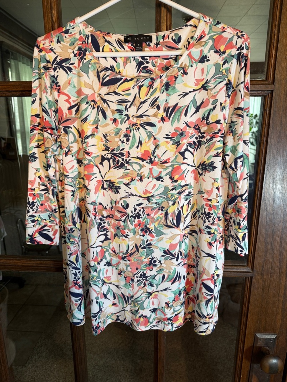N Touch Women Floral 3/4 Sleeve Crew Neck‎ Knit Top Multicolor Style 430C Small